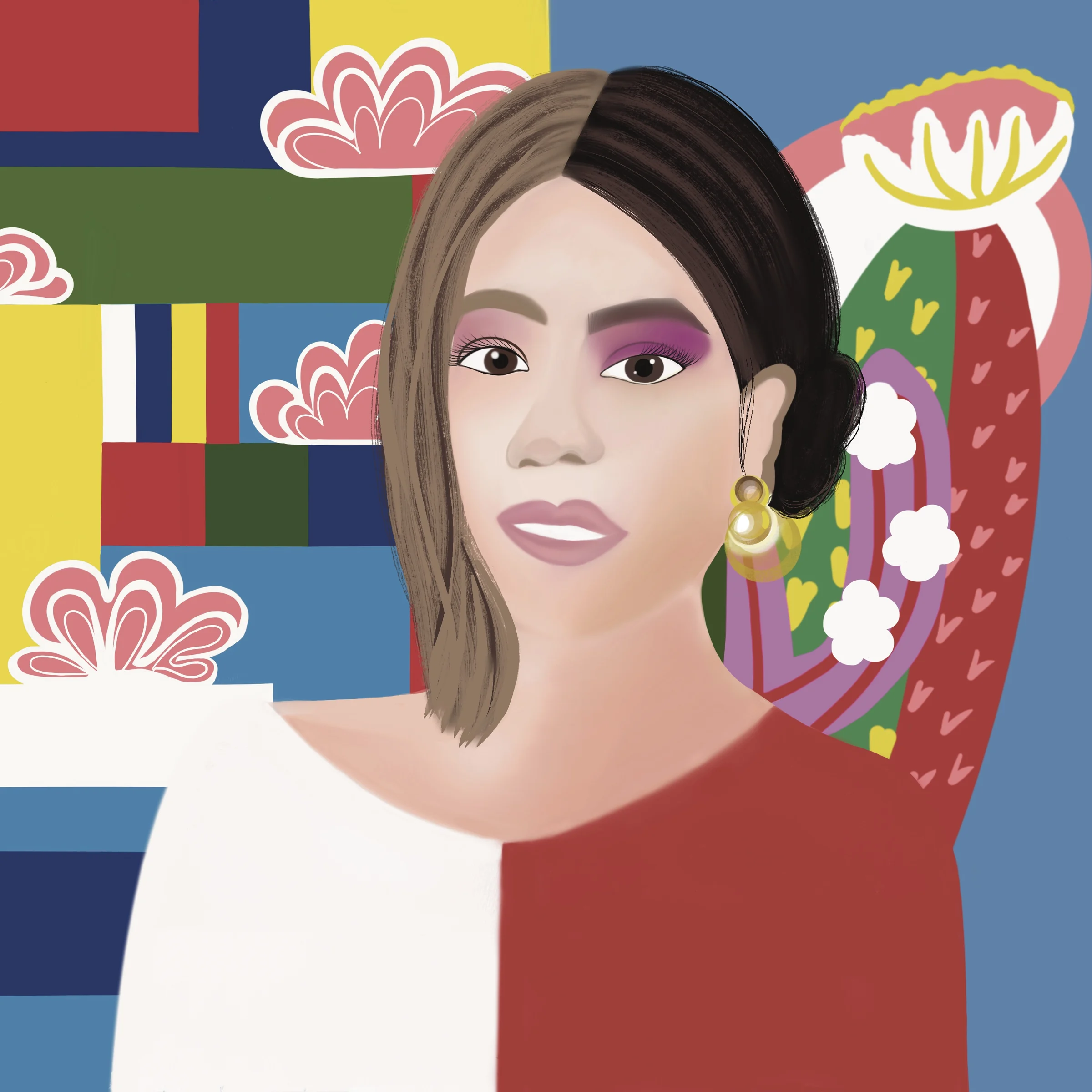 Digital portrait combining visual motifs associated with South Korea and Mexico